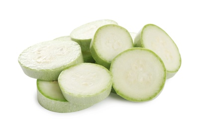 Photo of Slices of fresh ripe zucchini isolated on white