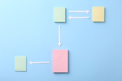 Business process organization and optimization. Scheme with paper notes and arrows on light blue background, top view