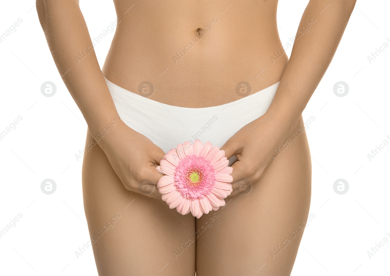 Photo of Gynecology. Woman in underwear with gerbera flower on white background, closeup