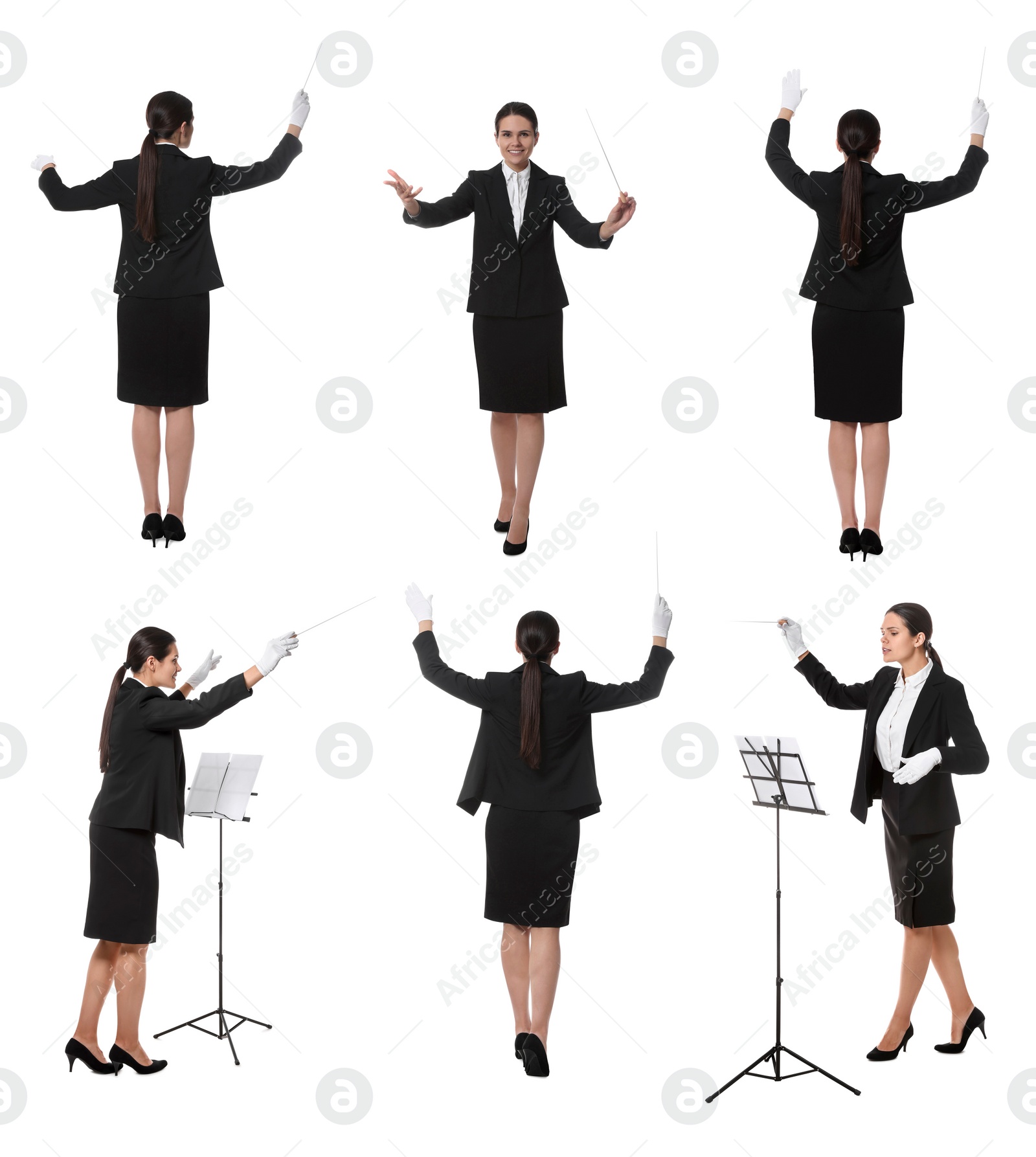 Image of Collage with photos of professional young conductor with baton on white background