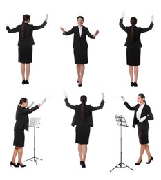 Image of Collage with photos of professional young conductor with baton on white background