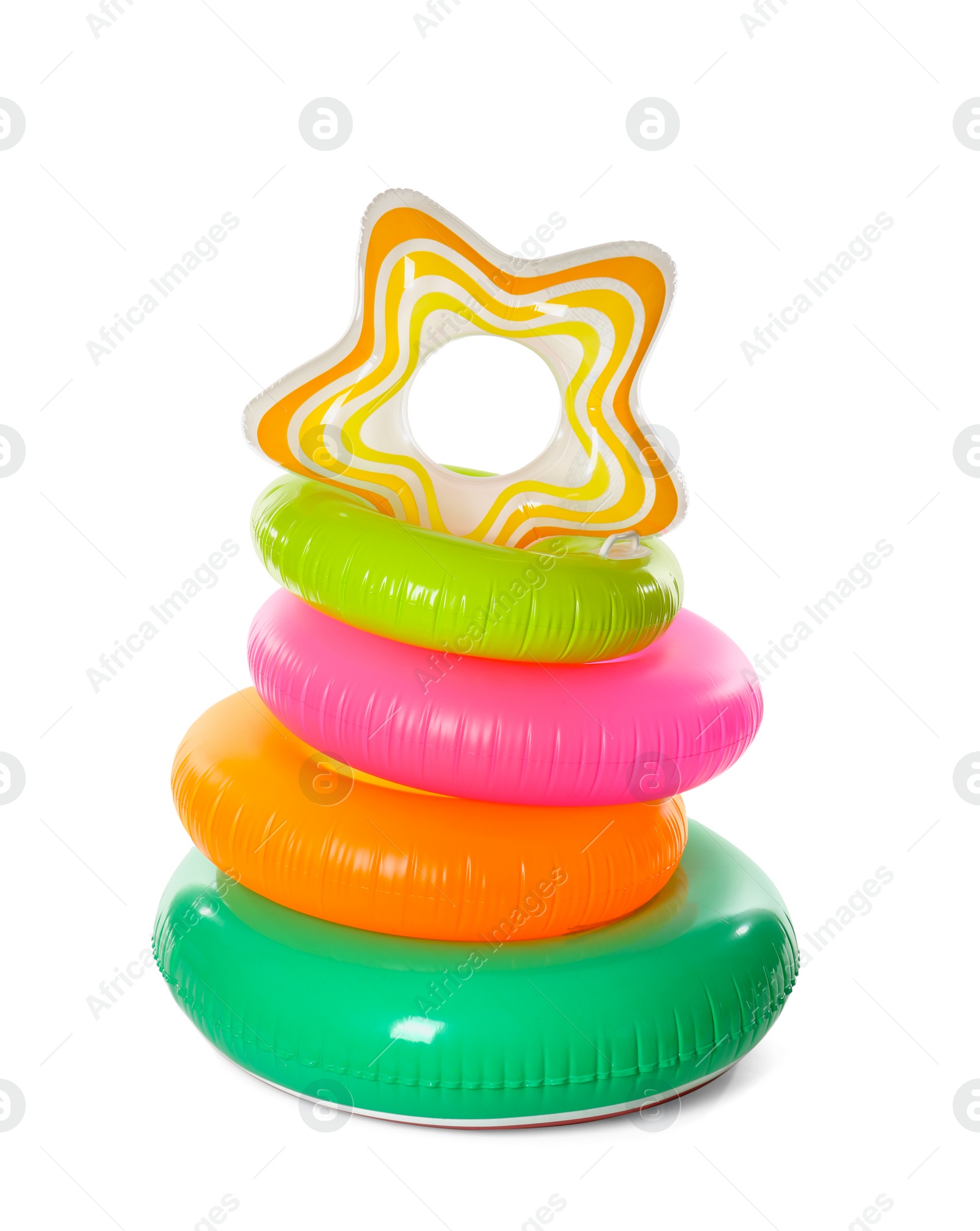 Photo of Different inflatable rings on white background. Summer holidays