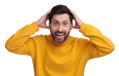 Photo of Portrait of surprised man isolated on white