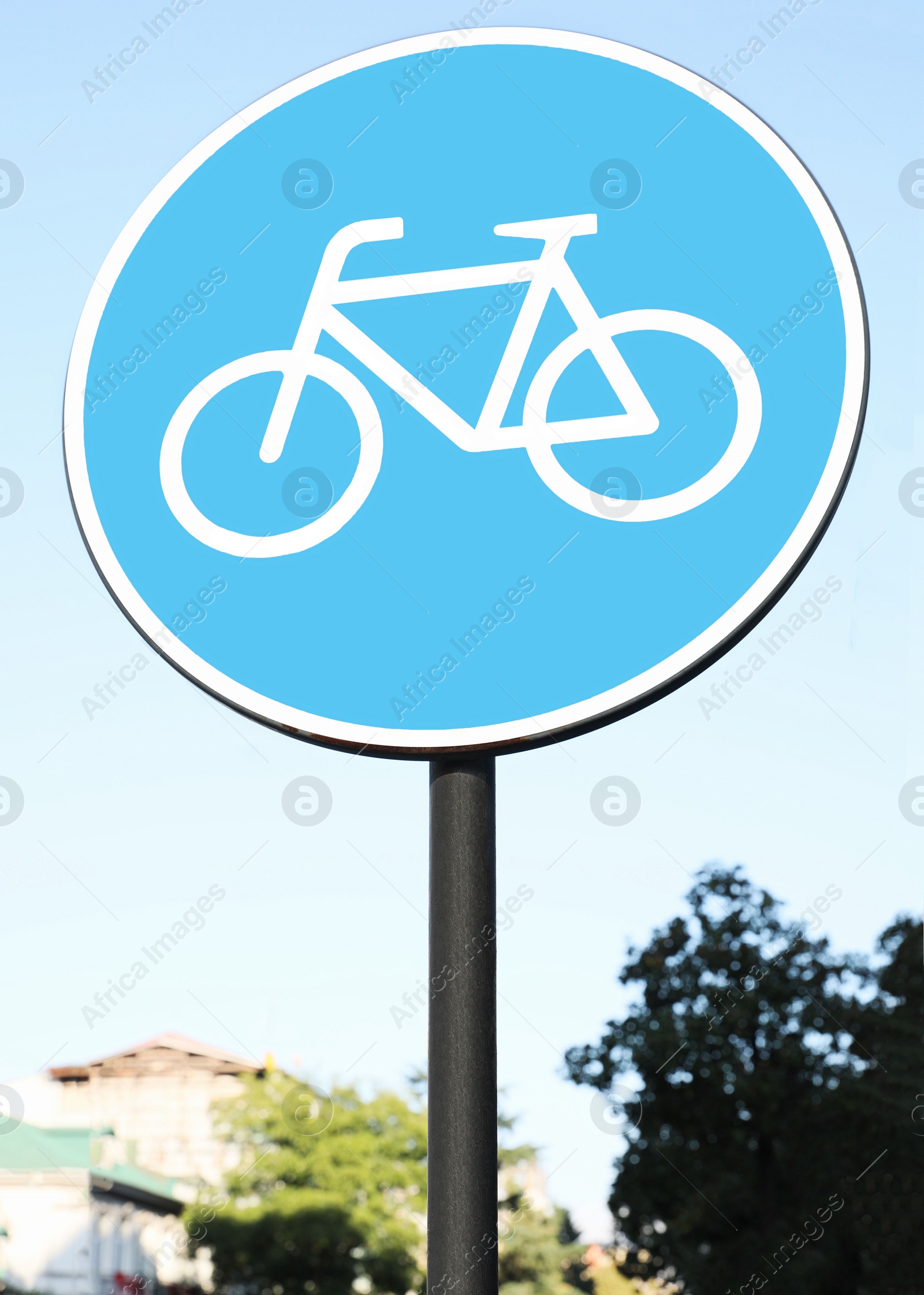 Photo of Road sign Cycleway under blue sky in city