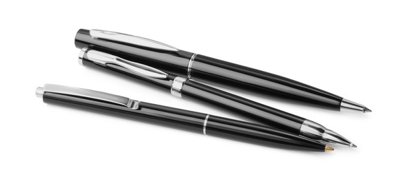 New stylish black pens isolated on white