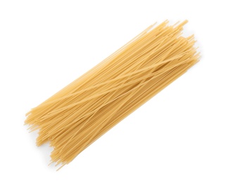 Uncooked pasta on white background, top view