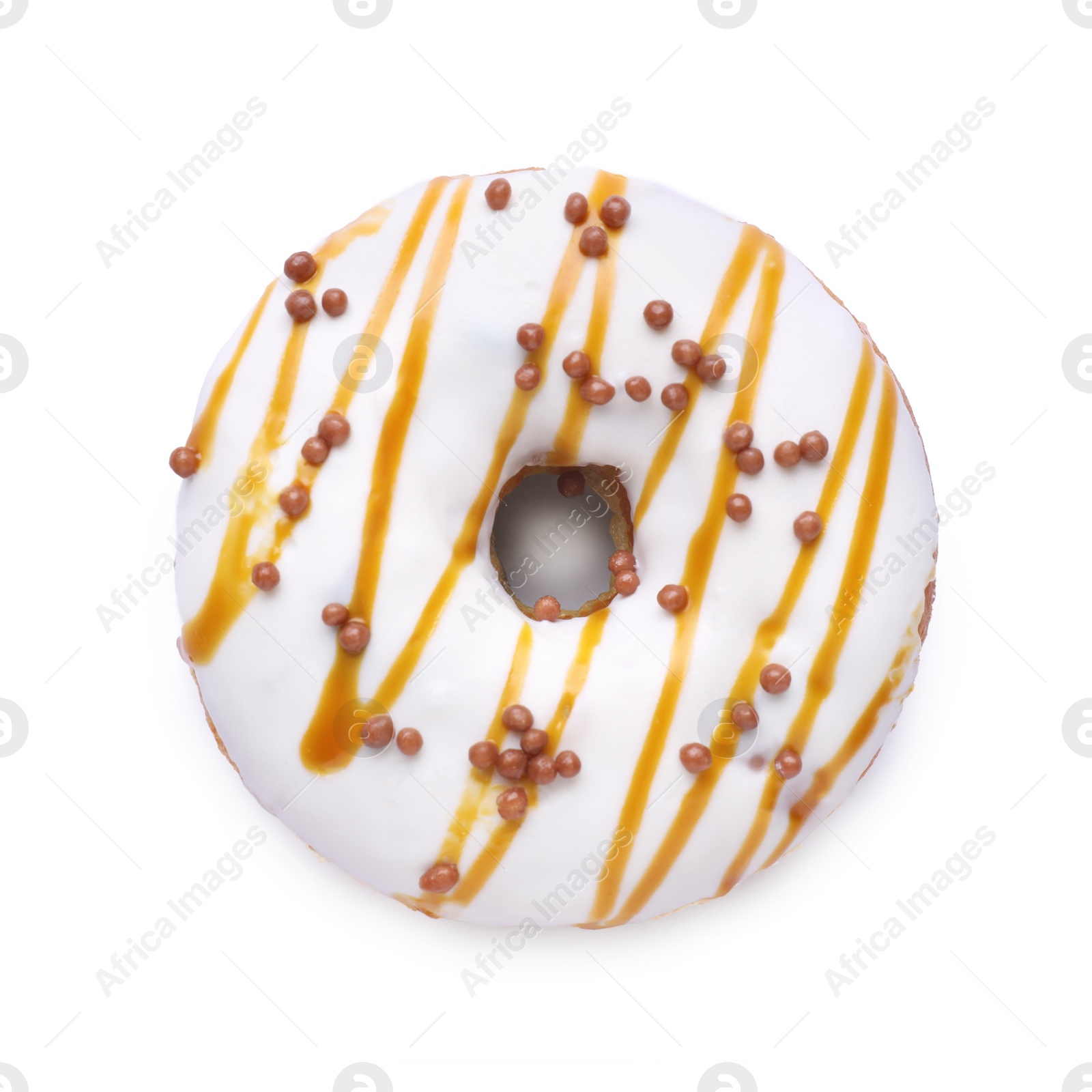 Photo of Tasty donut decorated with sprinkles isolated on white, top view