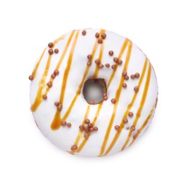 Photo of Tasty donut decorated with sprinkles isolated on white, top view