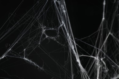 Photo of Creepy white cobweb on black background, closeup