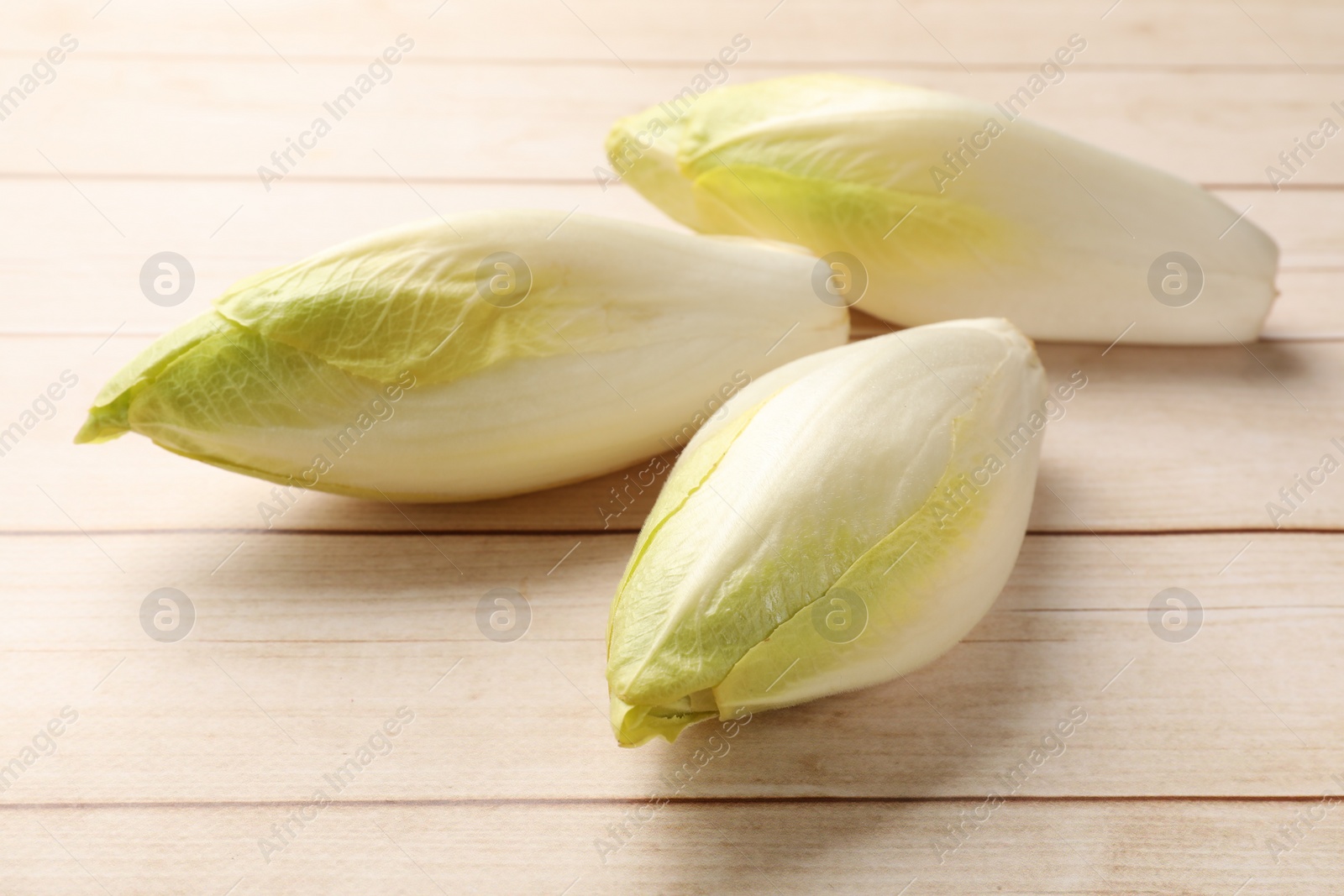 Photo of Raw ripe chicories on wooden table, closeup