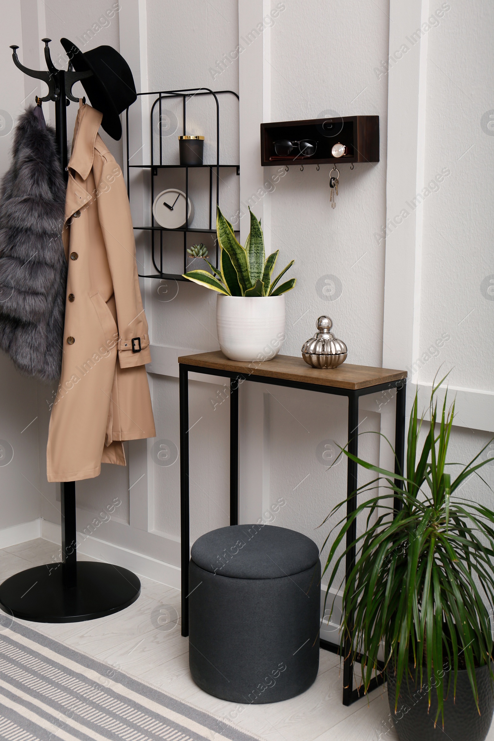 Photo of Stylish hanger for keys on white wall in hallway