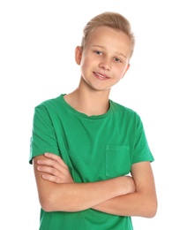 Photo of Portrait of teenage boy on white background