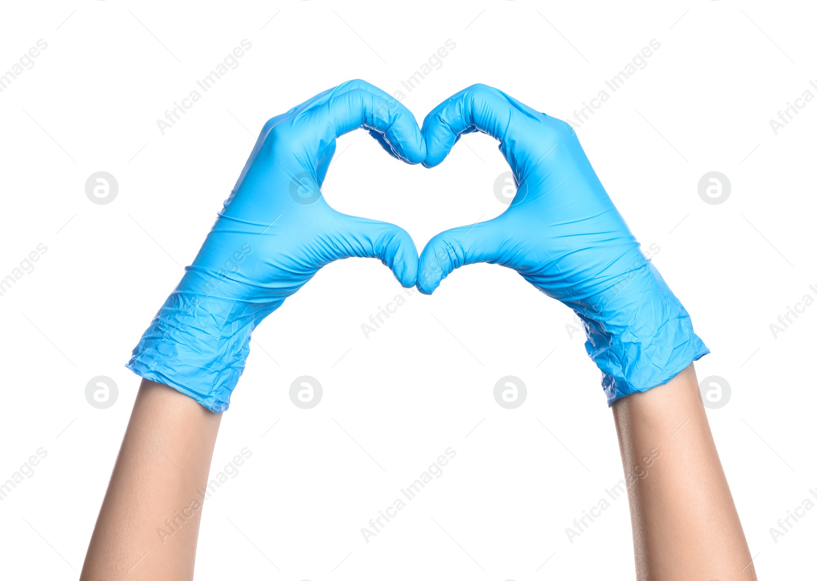 Photo of Doctor showing heart on white background, closeup of hands