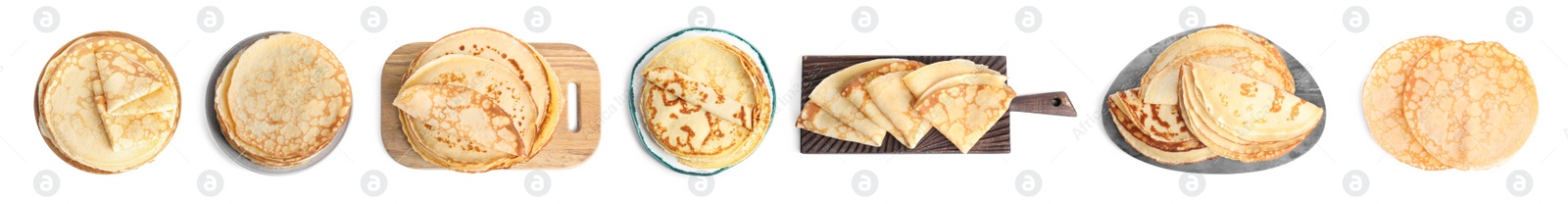 Image of Set of delicious thin pancakes on white background, top view. Banner design 