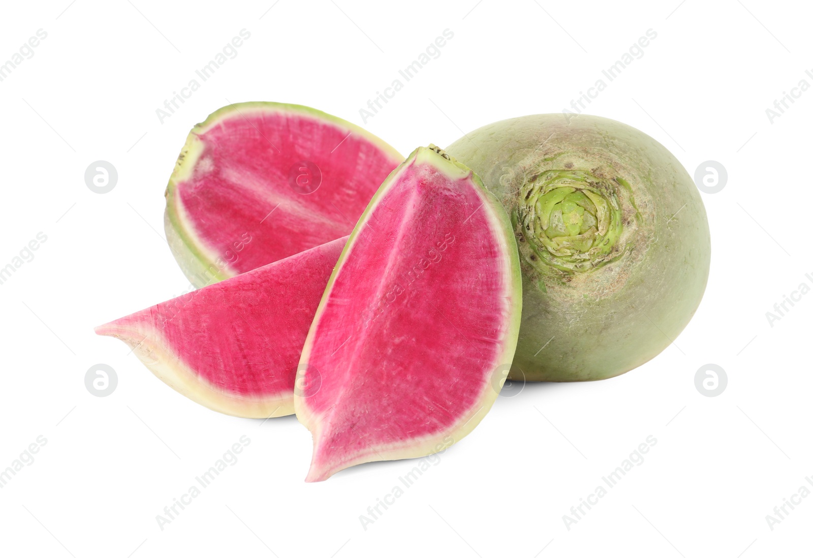 Photo of Cut and whole fresh turnips on white background