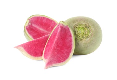 Cut and whole fresh turnips on white background