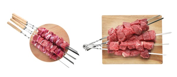 Metal skewers with raw meat on white background, collage. Banner design