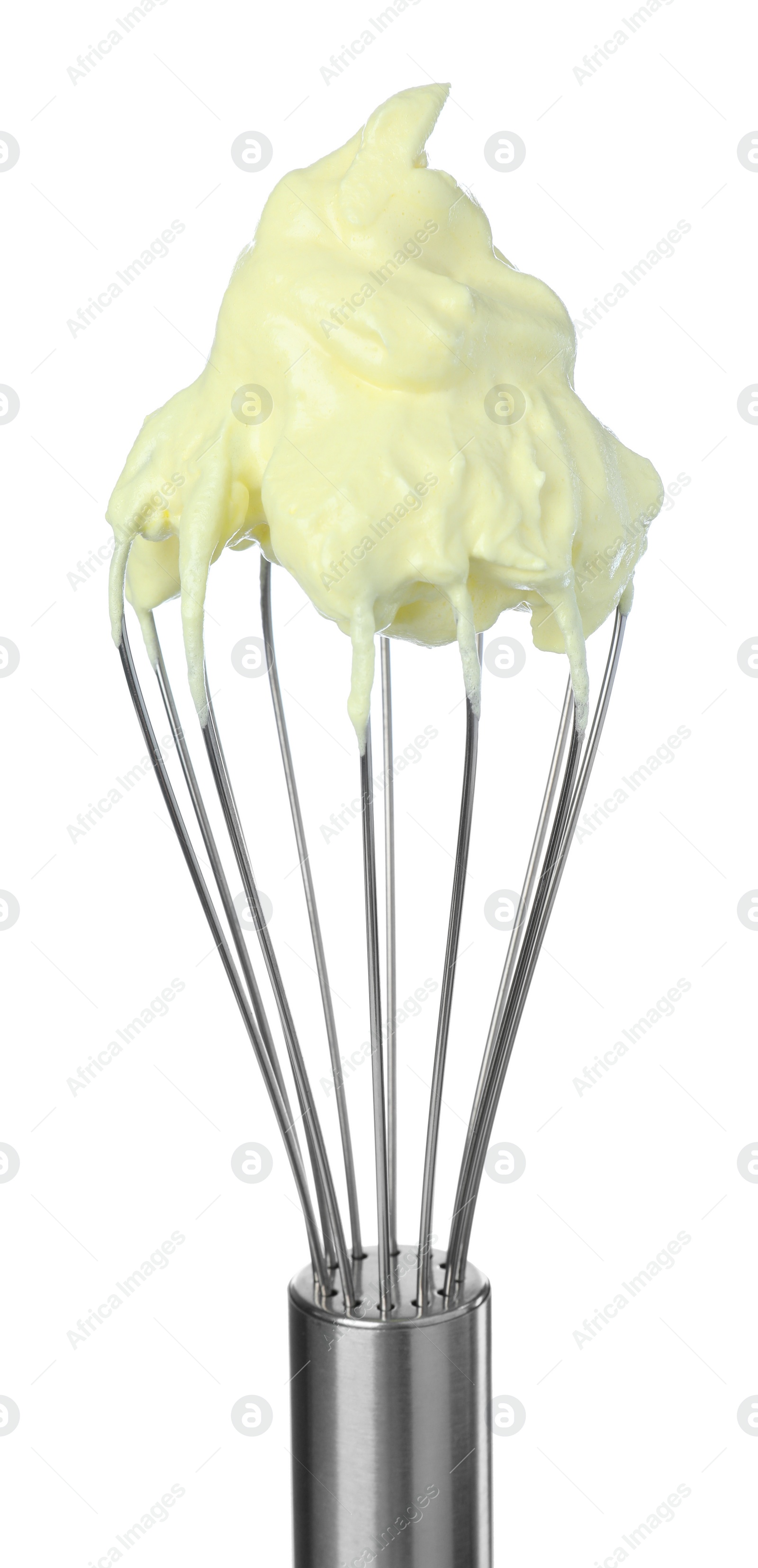 Photo of Balloon whisk with yellow cream isolated on white