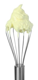 Photo of Balloon whisk with yellow cream isolated on white