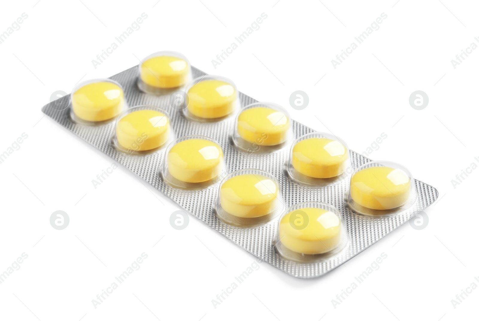 Photo of Blister with bright pills isolated on white