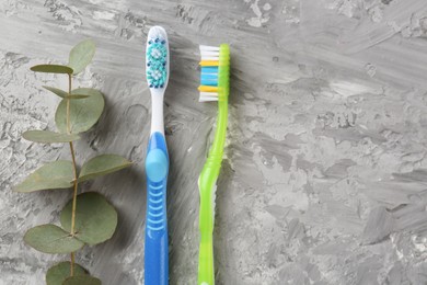 Photo of Different toothbrushes and eucalyptus branch on grey textured table, flat lay. Space for text