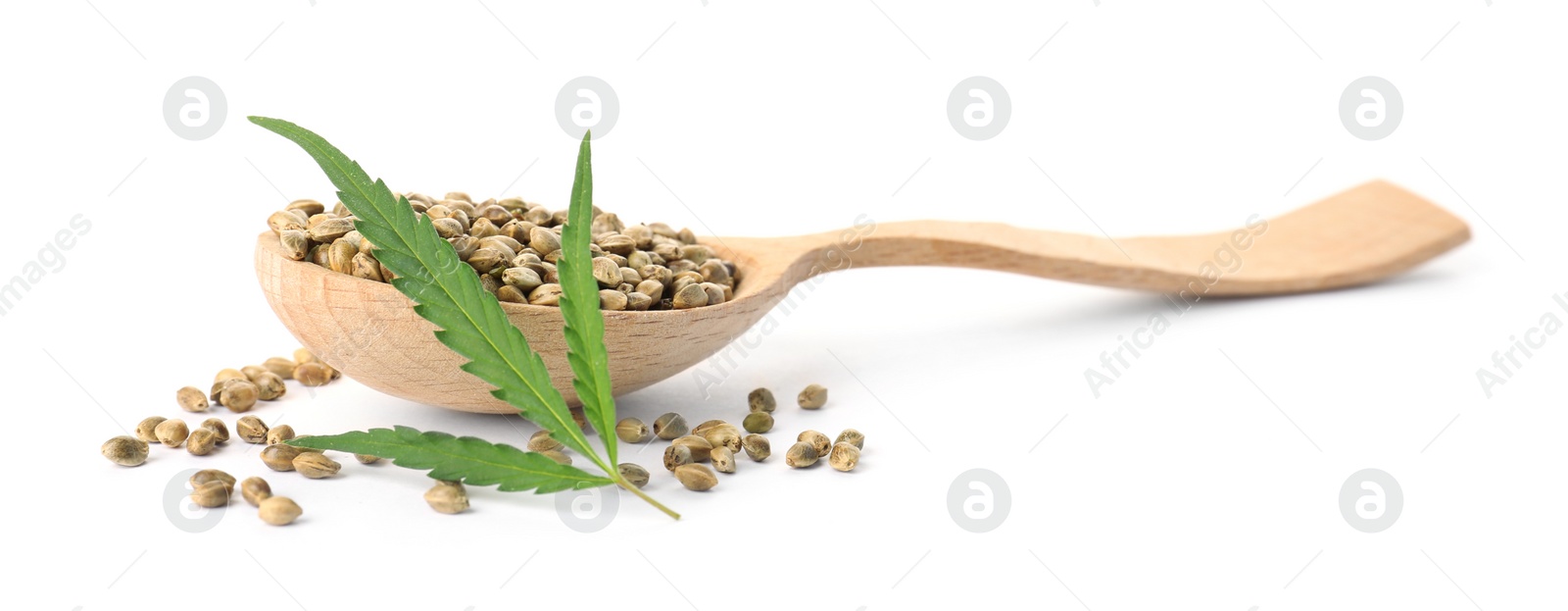 Photo of Spoon with hemp seeds and green leaf on white background