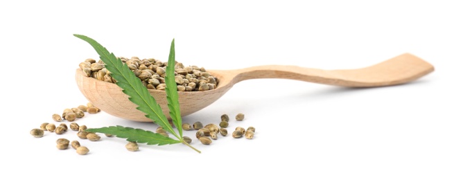 Photo of Spoon with hemp seeds and green leaf on white background