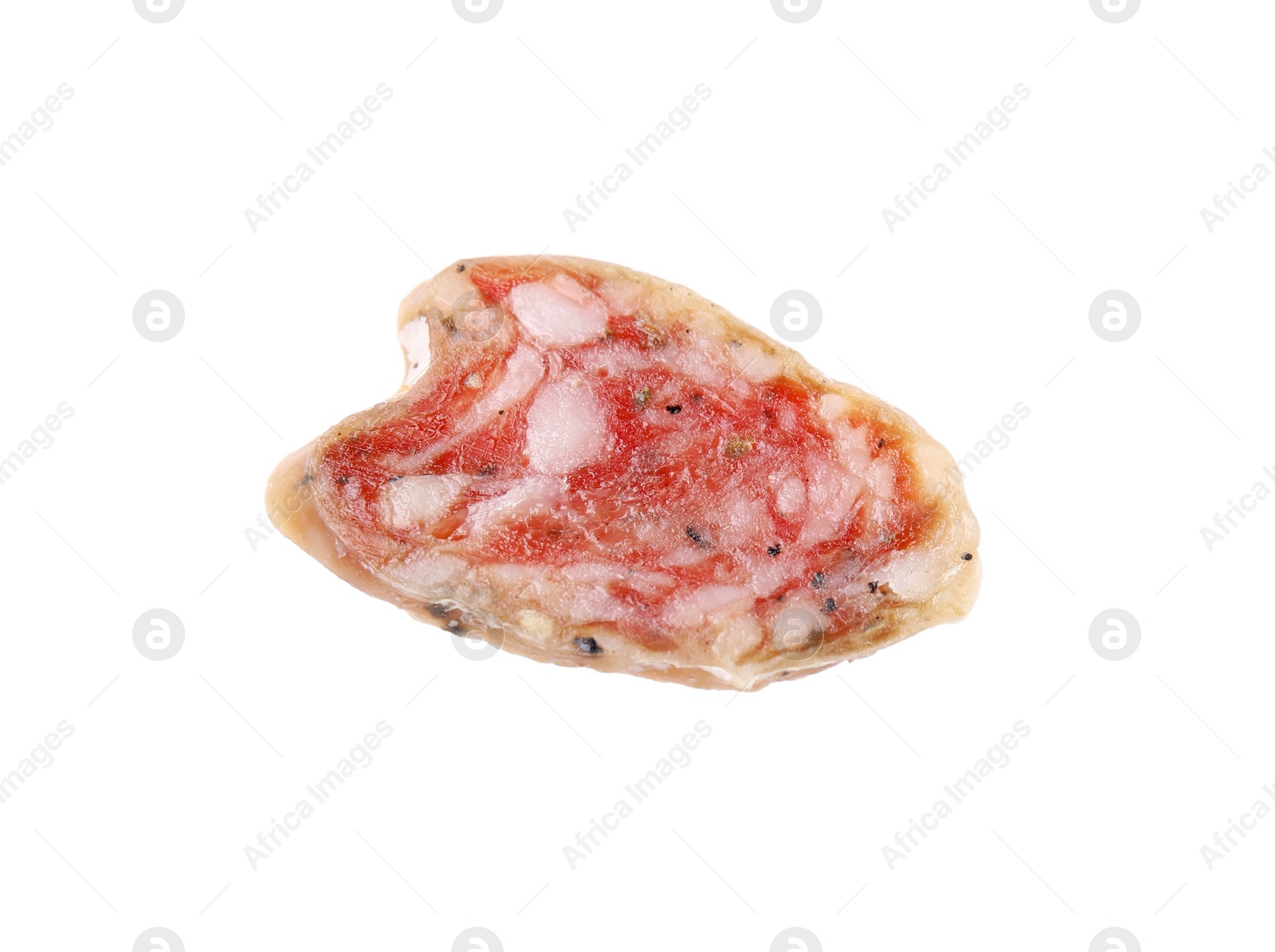 Photo of Slice of delicious fuet sausage isolated on white