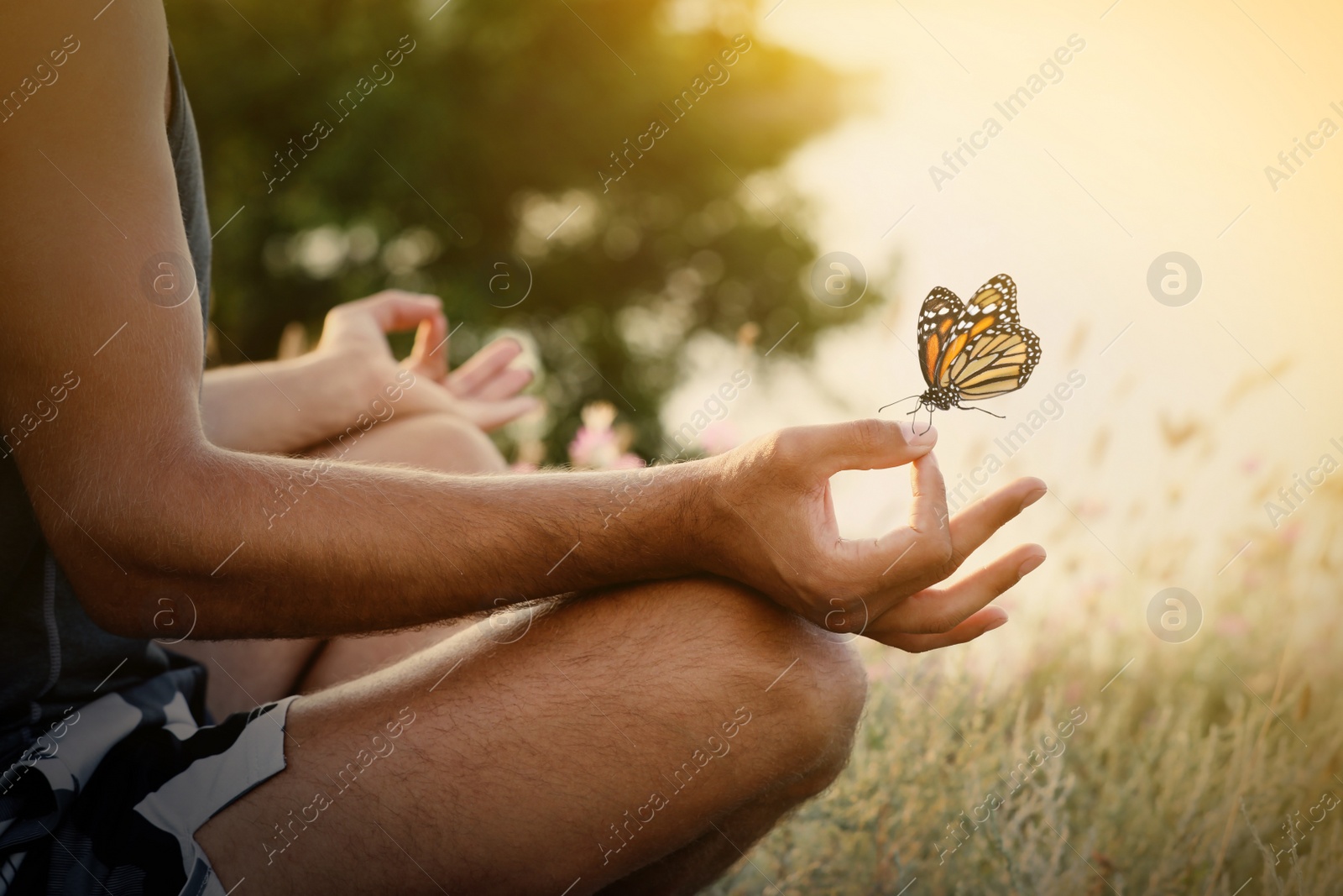 Image of Man meditating outdoors on summer day, closeup