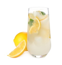 Photo of Cool freshly made lemonade in glass isolated on white