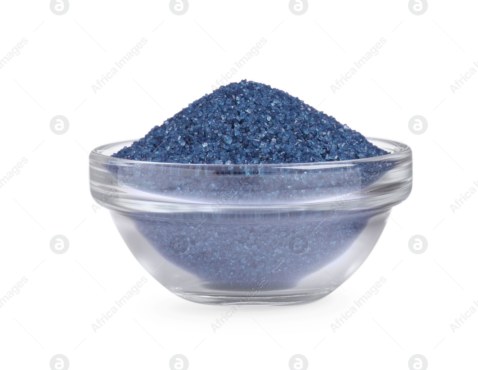 Photo of Glass bowl with blue food coloring isolated on white