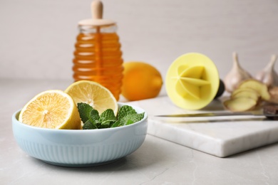 Composition with natural cough remedies on table. Space for text