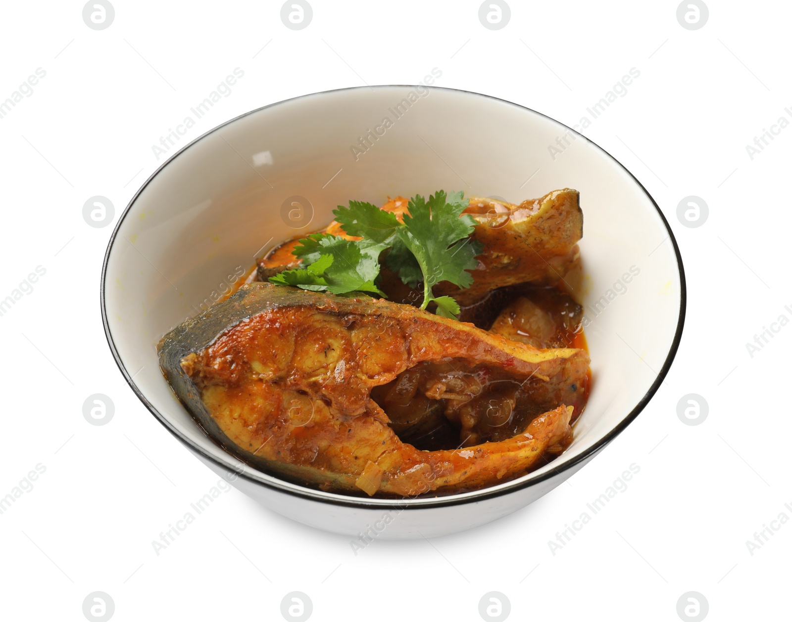 Photo of Tasty fish curry on white background. Indian cuisine