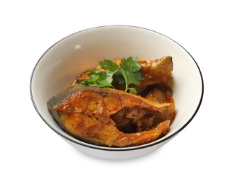 Photo of Tasty fish curry on white background. Indian cuisine