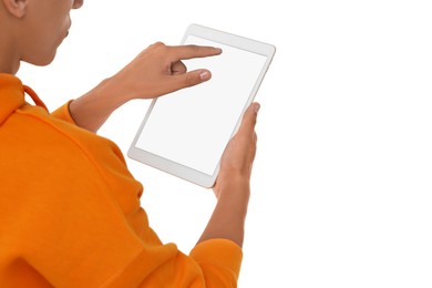 Man using tablet with blank screen on white background, closeup. Mockup for design