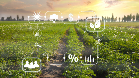 Image of Modern agriculture concept. Icons and field on background