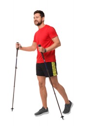 Man practicing Nordic walking with poles isolated on white