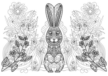 Cute little bunny and flowers on white background, illustration. Coloring page