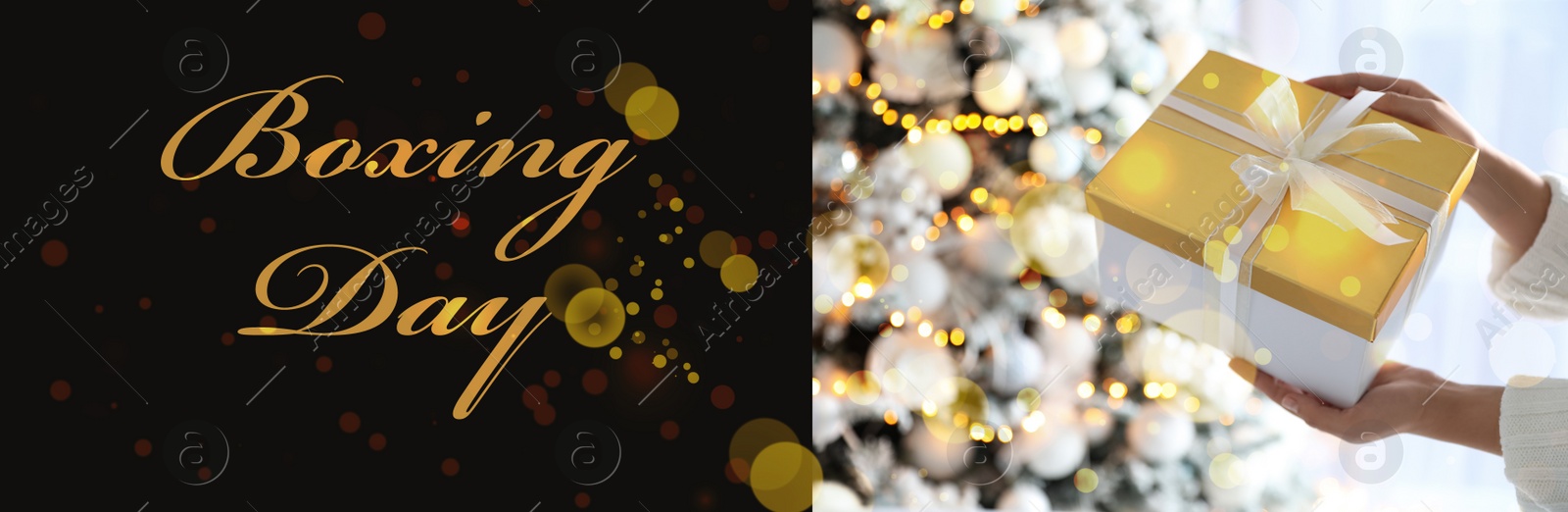 Image of Boxing Day banner design. Woman holding gift near Christmas tree, closeup