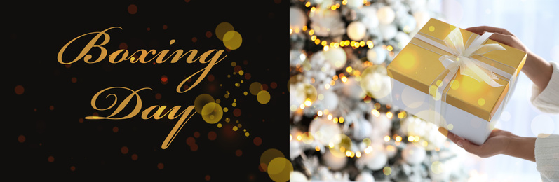 Image of Boxing Day banner design. Woman holding gift near Christmas tree, closeup