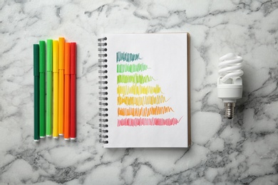 Photo of Notebook with colorful bars, markers and fluorescent light bulb on white marble background, flat lay. Energy efficiency rating chart