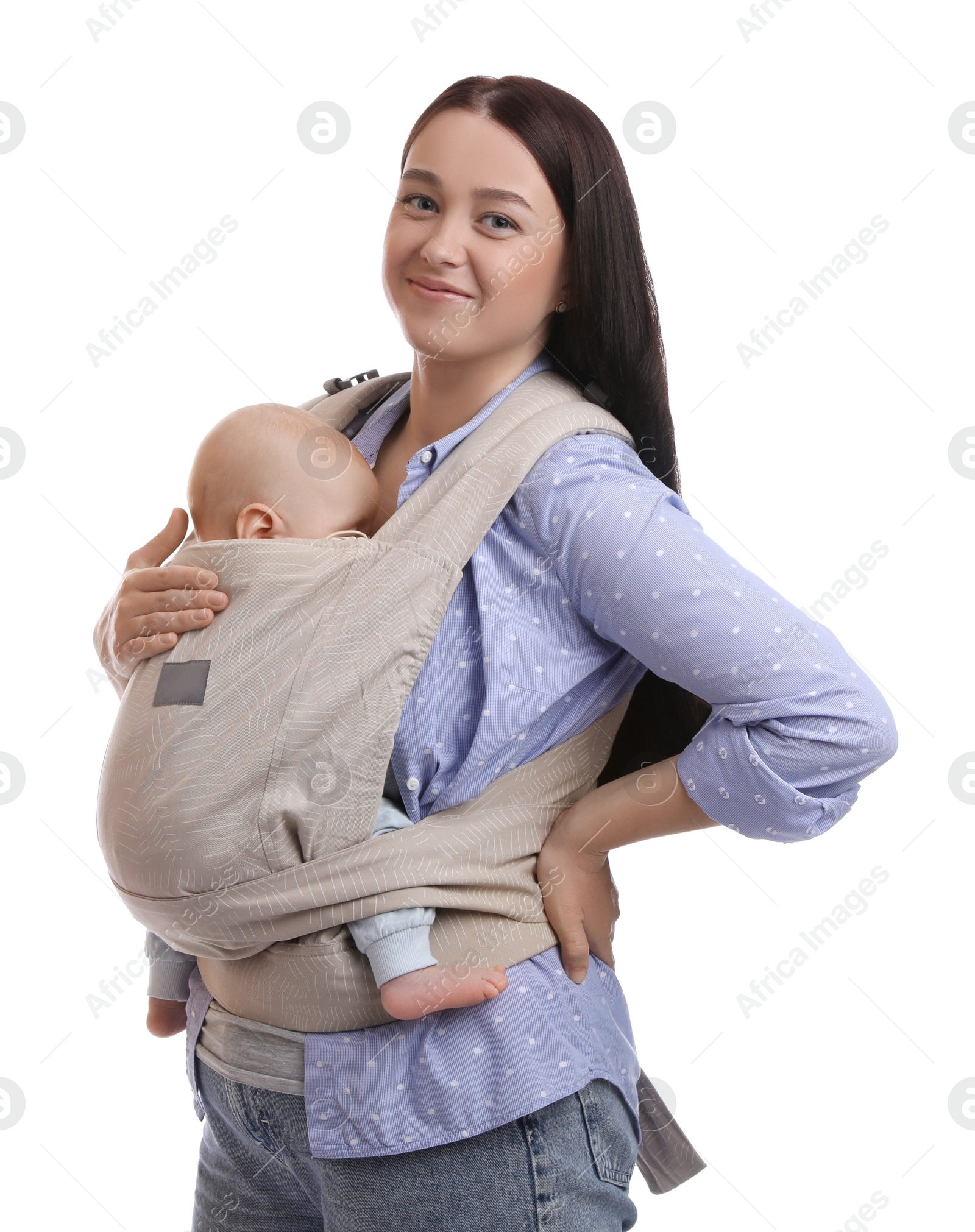 Photo of Mother holding her child in baby carrier on white background