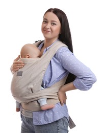 Photo of Mother holding her child in baby carrier on white background