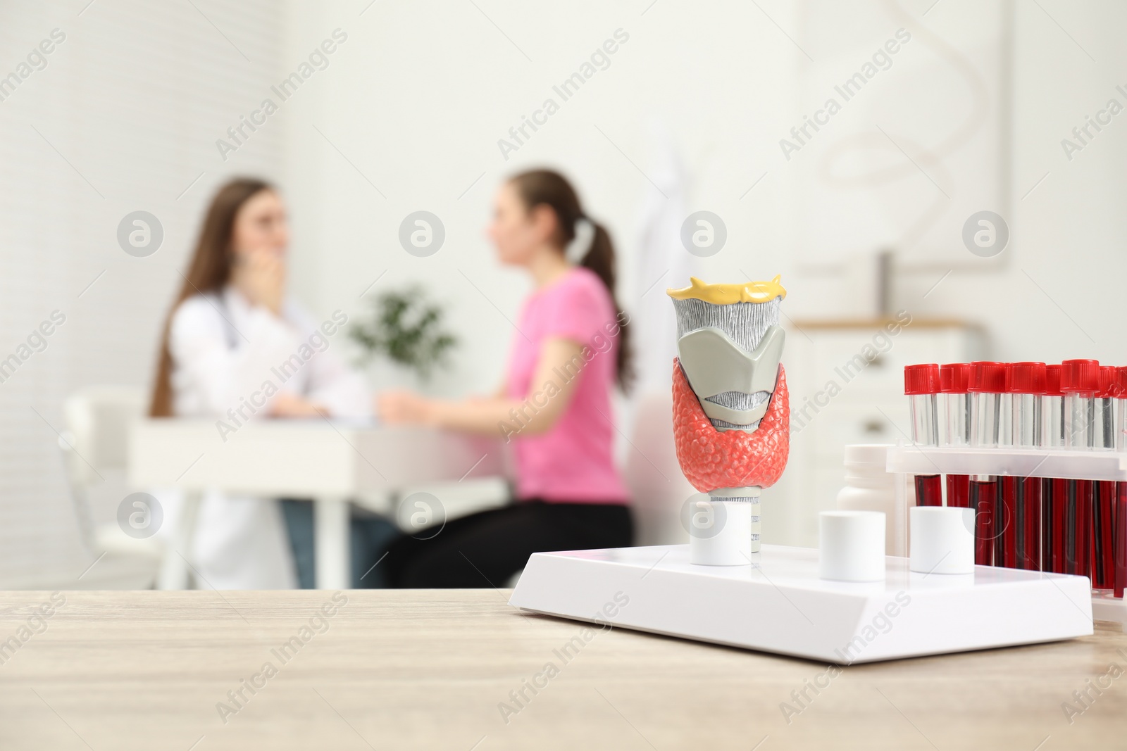 Photo of Endocrinologist examining patient at clinic, focus on model of thyroid gland and blood samples in test tubes