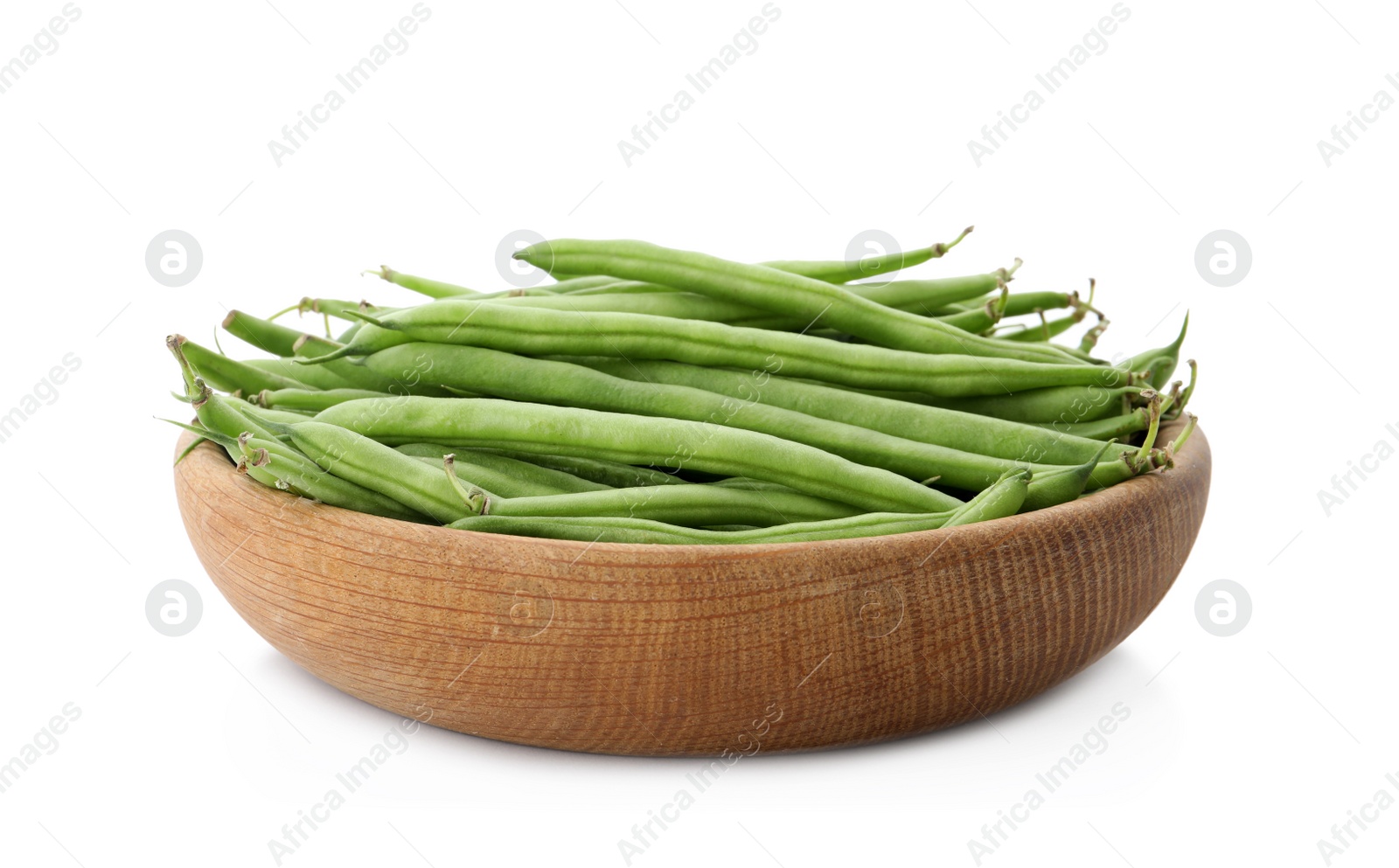 Photo of Fresh green beans in wooden bowl isolated on white