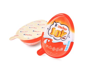 Slynchev Bryag, Bulgaria - May 24, 2023: Kinder Joy Eggs on white background