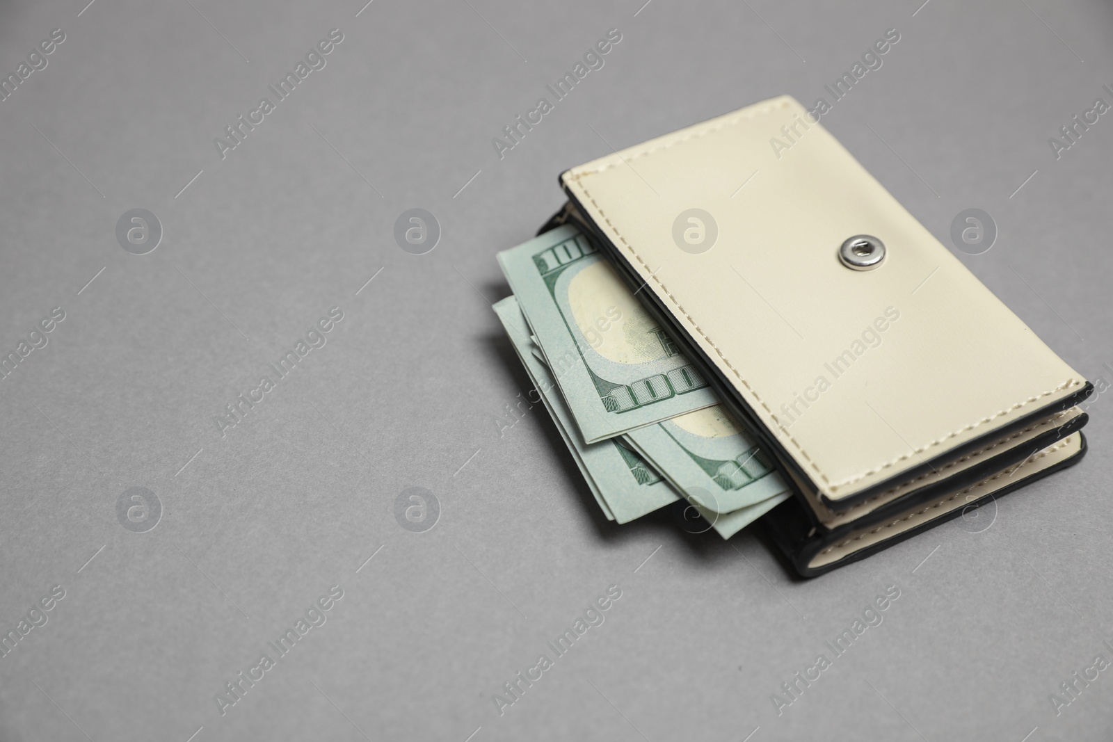 Photo of Stylish leather purse with dollar banknotes on light grey background. Space for text