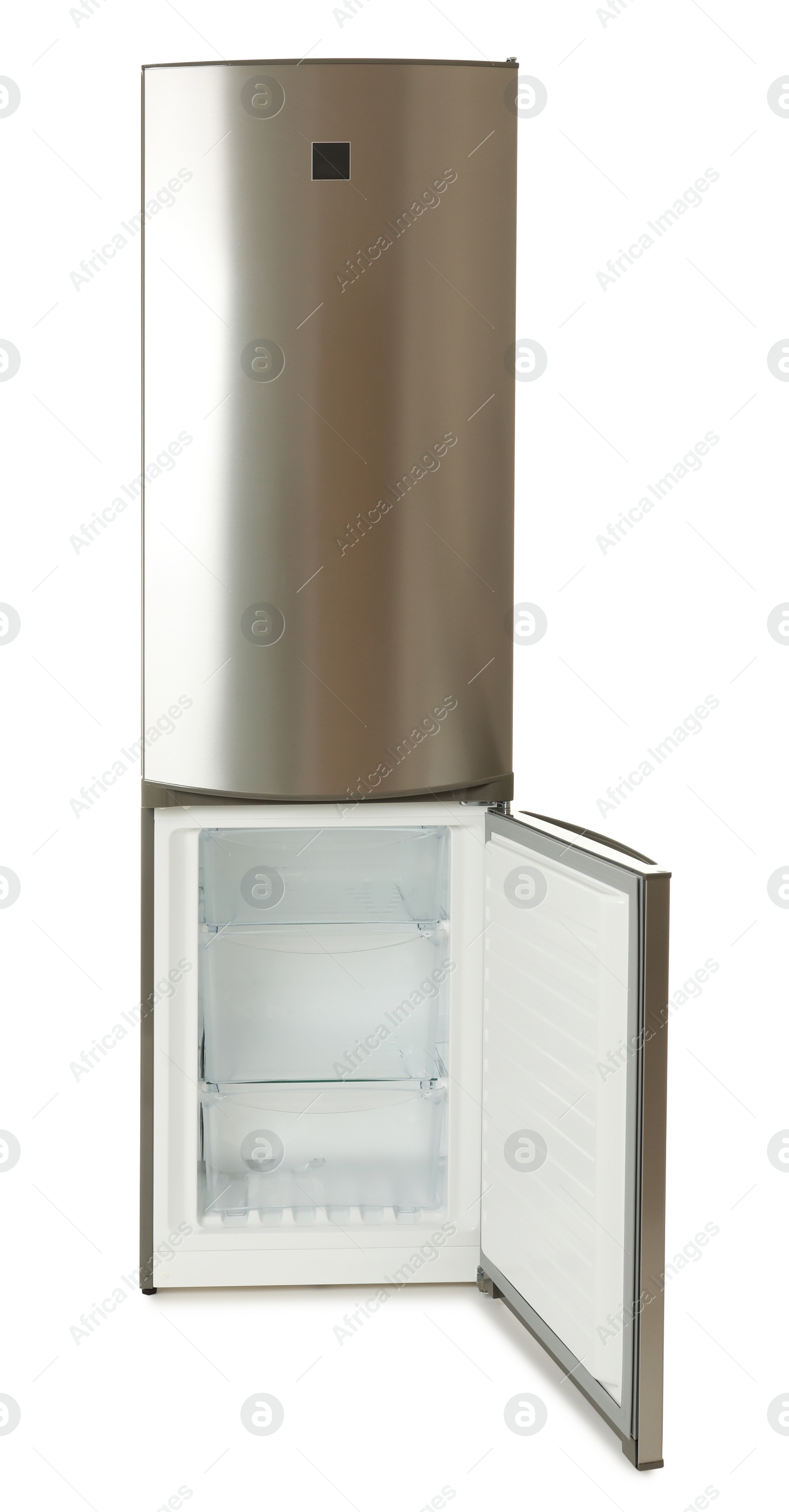 Photo of Modern refrigerator with open door on white background