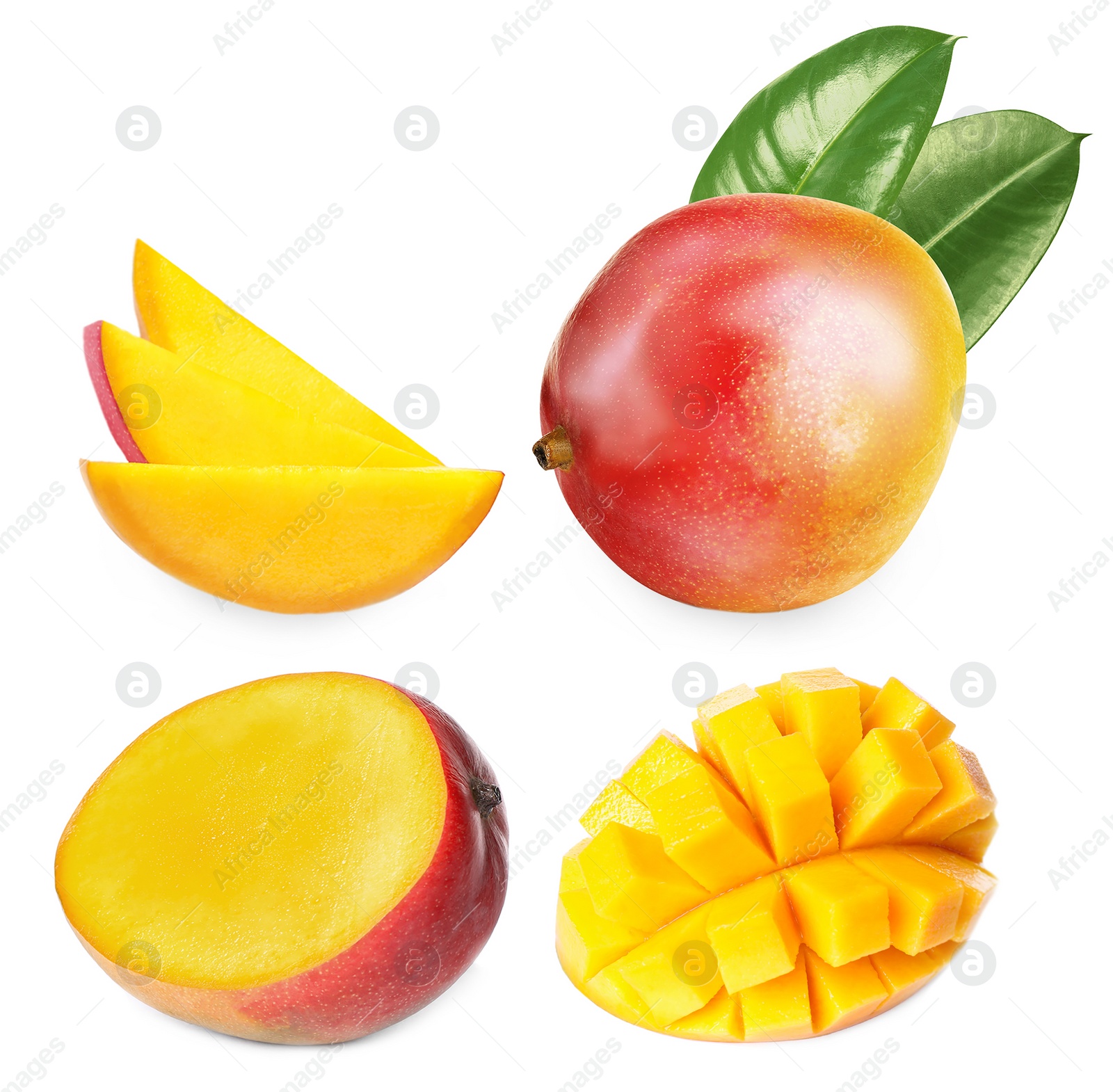 Image of Set with delicious ripe mangos on white background