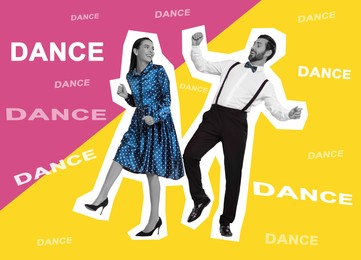 Image of Happy couple dancing on bright background. Creative collage with stylish man and woman. Concept of music, party, fashion, lifestyle